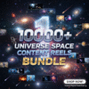Promotional poster for 1000+ Universe Space Content Reels featuring astronaut, rocket, galaxy, black hole, and Earth in space background