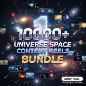 Promotional poster for 1000+ Universe Space Content Reels featuring astronaut, rocket, galaxy, black hole, and Earth in space background
