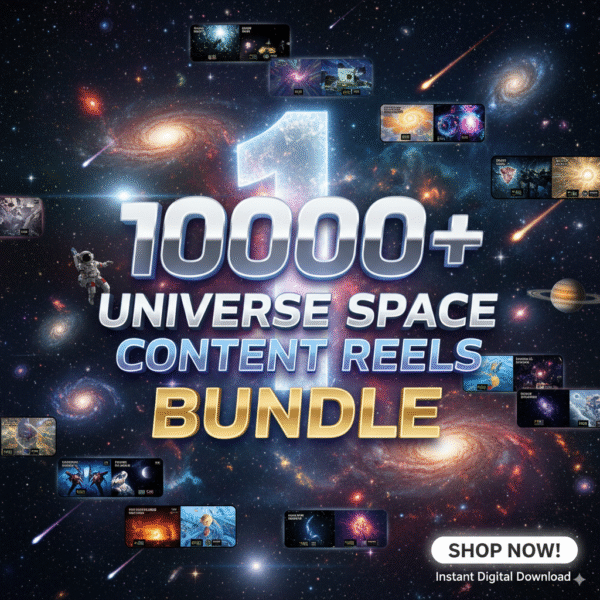 Promotional poster for 1000+ Universe Space Content Reels featuring astronaut, rocket, galaxy, black hole, and Earth in space background